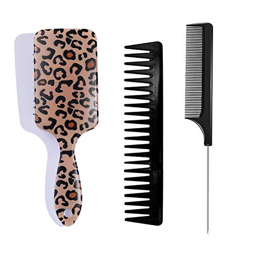DKAF 3Pcs Hair Brushes for Women, Leopard Print Hair Brush with Wide Tooth Comb and Sharp Steel Tail Comb for Wet or Dry Hair, Detangling Paddle Brush Set for Straight Long Thick Curly Natural Hair