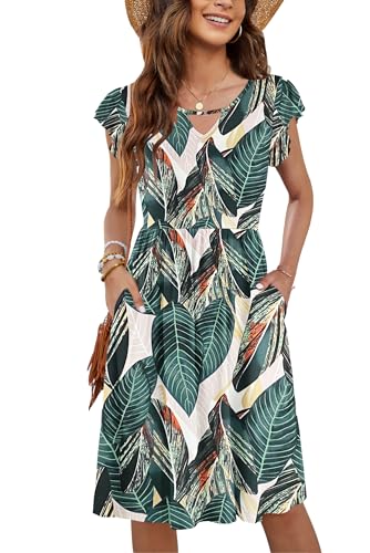 Image of PLOKNRD Women's Summer Dress V-Neck Ruffle Sleeve Ladies Dress Elastic Waist Loose Swing Casual Dress with Pockets Knee Length (Leaf Print,M)