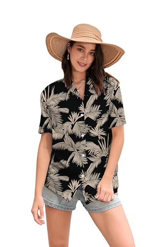 Image of Betusline Girls' and Womens' Hawaiian Shirt Blouse Button Down Beach Shirts | Casual breathable and comfortable Short Sleeve V-Neck Floral Tropical Blouse