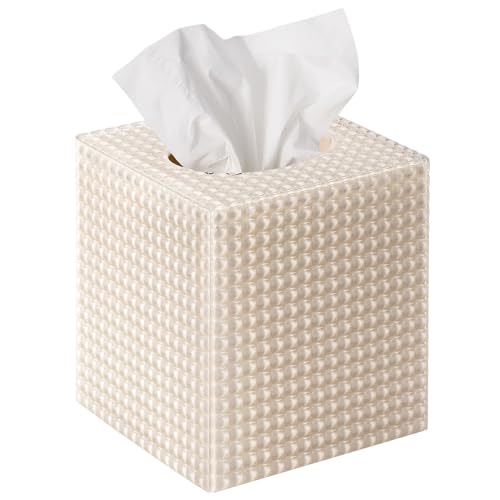 Tissue Box Cover Square Modern Facial Acrylic Tissue Holder Aesthetic Cube Napkin Dispenser Accessories for Bathroom Vanity Countertop Night Stand Office Beige