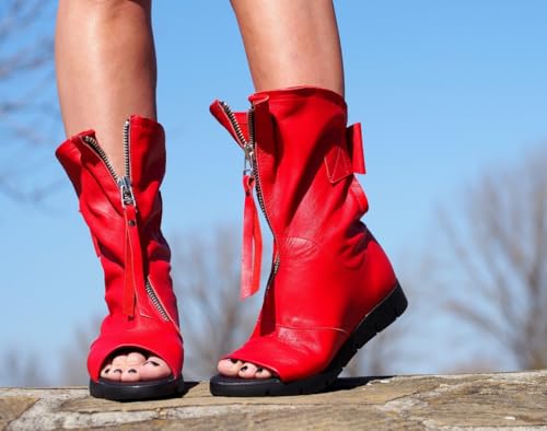 Elegant Red Open Toe Leather Boots with Zipper & Bow - Stylish Women's Footwear - Extravagant and Comfortable Ankle Peep Toe Booties with Cut-Out Design, Size 5 to 102