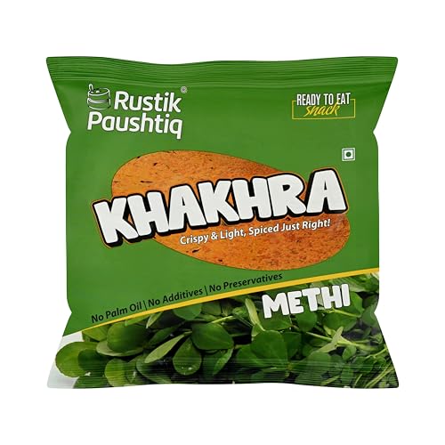 Image of RUSTIK PAUSHTIQ Methi Khakhra - 200g Each | Whole Wheat Crispy Snacks | Roasted Khakhra | No Palm Oil | Ready to Eat Tea Time Snack | Namkeen With Natural Ingredients (Pack of 4)