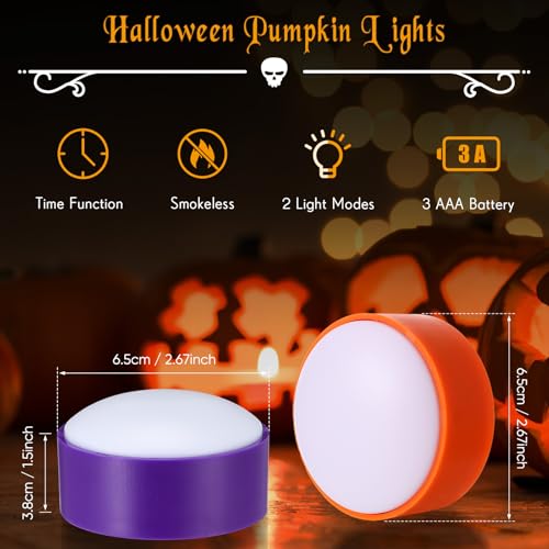 Image of Riakrum 6 Pieces Halloween Remote Timer LED Lights with Remote Summer Halloween LED Pumpkin Lights Battery Operated Lantern Bright Flameless Candle(Orange, Purple)