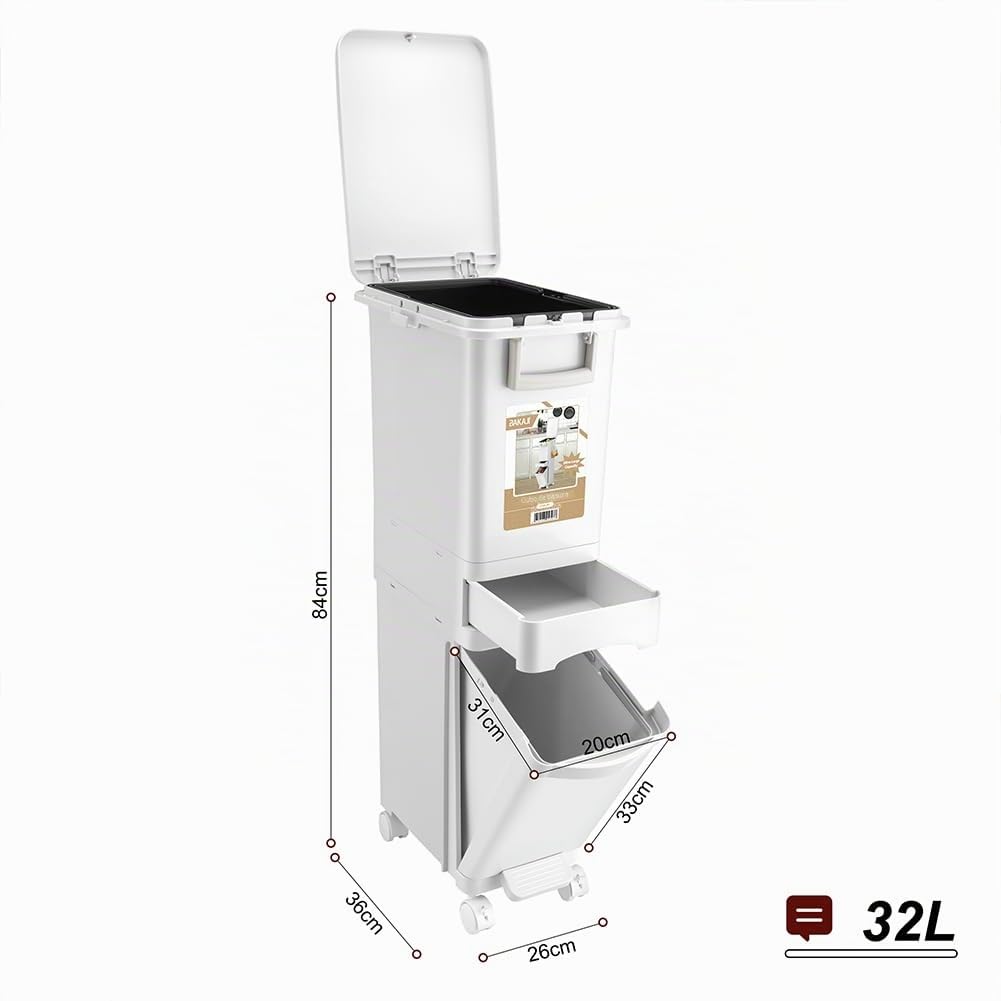 BAKAJI Cubo de basura alto y estrecho de cocina de 32 litros con cesta extraíble para basura y recogida diferenciada, diseño ahorra espacio, 1 cubo abatible + 1 cajón, 26 x 36 x 84 cm (32 litros)