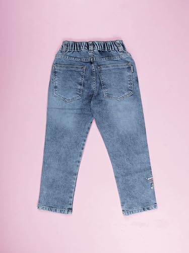 Image of KiddoPanti Girls Full Length Frayed Star Patch Washed Denim Jeans with Elasticated Waistband