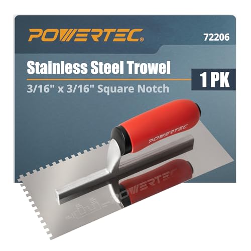 Image of POWERTEC Square Notch Trowel - 3 /16 inch x 3 /16 inch Stainless Steel Square-Notch Tile Trowel with Soft Grip Handle for Thinset Mortar, Mastic & Tile Installation Work (72206)
