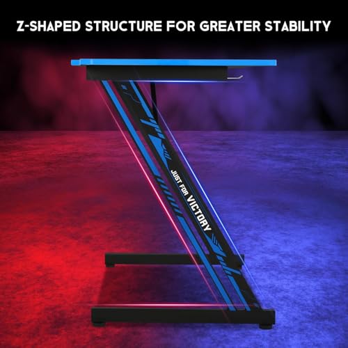 Image of Z-Shaped Gaming Computer Desk - 47 inch Large Gaming Table with Carbon Fiber Surface, Sturdy Metal Frame, Blue