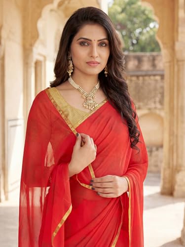Image of SAREE MALL Women's Red Chiffon Floral Embellished Saree With Unstitched Blouse Piece (DOLY2604 AI2)