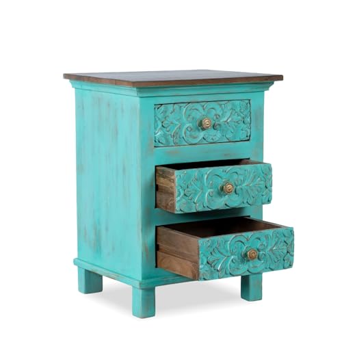 Image of Wooden Bedside Table for Bedroom | Solid Wood Orek Bedside Table with Drawers | Corner Side Table for Living Room | Traditional Handcrafted Furniture for Home Decor (Turquoise Distress)