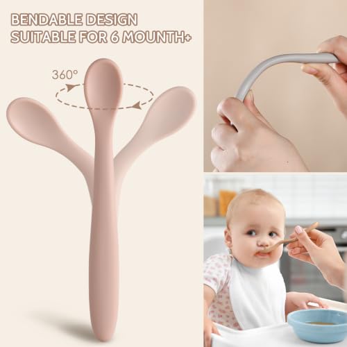 Image of 6 Piece Silicone Baby Feeding Spoons, First Stage Infant Soft-Tip Easy on Gums, Utensils Supplies, Training Spoon Self-feeding, Dishwasher & Boil-proof - Morandi