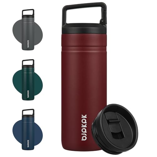 Image of BJPKPK 20 oz Insulated Travel Water Bottle, Coffee Tumbler Stainless Steel | Double Wall Vacuum, Leakproof, Thermal, Keeps Hot /Cold, Dishwasher Safe, Spill Proof, Wide Mouth, 2 Lids, Cinnabar Red
