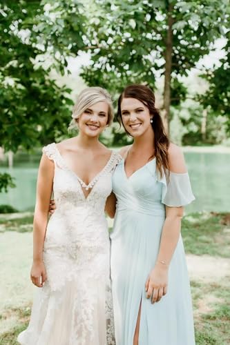 Women Chiffon Long Bridesmaid Dresses Ruffle Sleeve Slit Formal Evening Party Gown with Pocket TB954