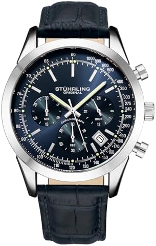 Stuhrling オリジナル メンズウォッチ クロノグラフ アナログ ブルーダイヤル 日付付き - タキメーター 24時間サブダイヤル メンズ ブルーレザーストラップ - 男性用腕時計 リアルトコレクション, ブルー, リアルト。