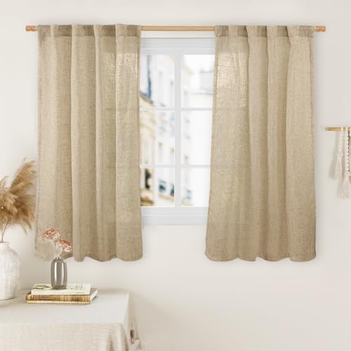 LAMIT 45 Inch Short Window Linen Curtains, Light Filtering Panels Back Tab and Rod Pocket Neutral Drapes for Cafe/Bathroom/Loft Room, Brown, 2 Panels, 34 x 45 Inch