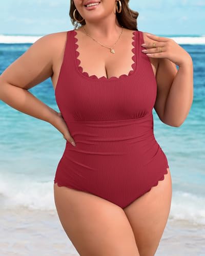 Image of Charmo Plus Size Swimsuit for Women 2026 Tummy Control Scalloped Ribbed One Piece Swimsuits Ruched Modest Bathing Suit