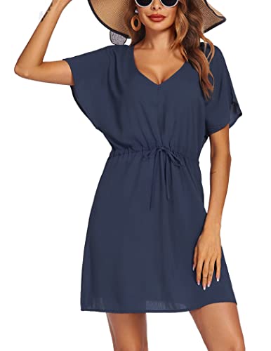 Image of Ekouaer Womens Swimsuit Coverup Short Sleeve Beach Cover Up Dress V Neck Bikini Beachwear