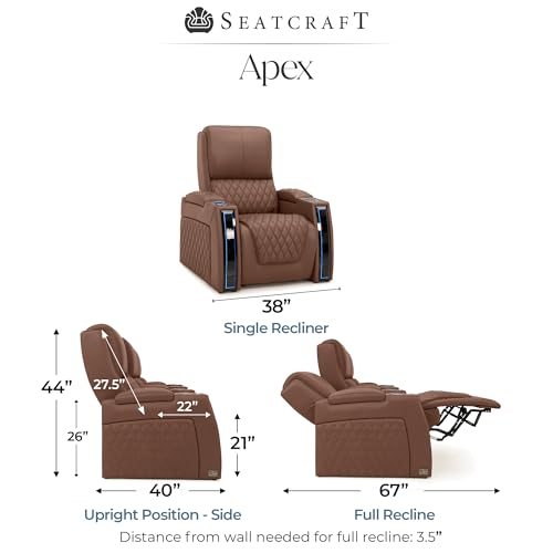 Image of Seatcraft Apex Tobacco Italian Leather Home Theater Seating, Zero Gravity Power Recliner Chair, Powered Headrest and Lumbar Gaming and Lounge Sofa Furniture for Cinema Room, Single Recliner