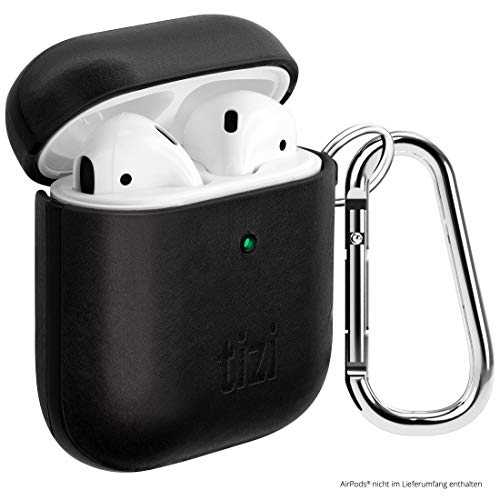 equinux New Tizi Ränzlein (Tizi Mini Satchel), Licorice Black - Luxury Genuine Leather Case for Airpods, Prevents Scratches, with Practical Carabiner, Compatible with Apple AirPods 1 and 2