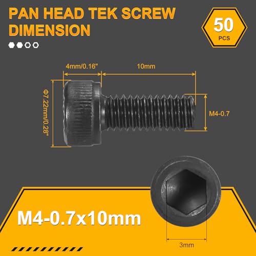 DTGN M4-0,7x10 Zylinderschrauben mit Innensechskant - 50 Stück Innensechskantschraube - für Schränke 3D-Drucker Motorrad - Linsenkopfschraube Vollgewinde Kohlenstoffstahl DIN 912