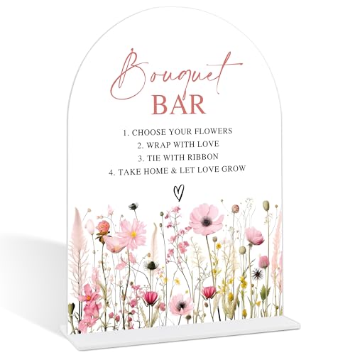 Pink Flower Bouquet Bar Sign, Flower Bar Supplies, Bridal Shower Centerpieces For Tables, Wedding Reception Decorations, Engagement Party Decor, Acrylic Arch Bridal Shower Sign With Base-5