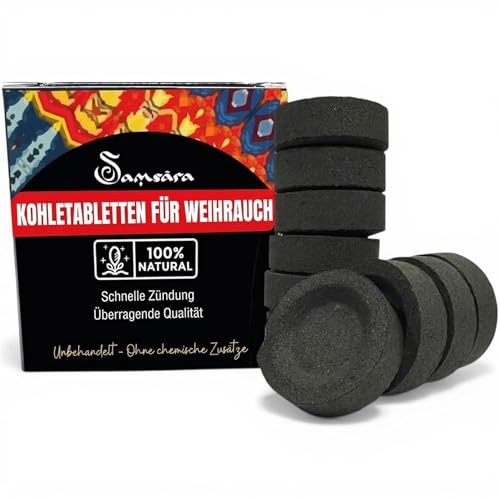 Räucherkohle - Ungiftige pflanzliche Kohlen aus Holz für Weihrauch aus Körnern, Harzen und Blättern, 100% natürlich, schnell entzündbar, 33 mm, 50/60 min - 50 Kohlestifte