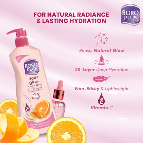 Image of BoroPlus Daily Glow Body Lotion | With Niacinamide, Orange Peel & Triple UV Filters | 24 hrs Moisturisation | For Glowing Even Tone Skin | All Seasons | All Skin Types | No Added Parabens | 400ml
