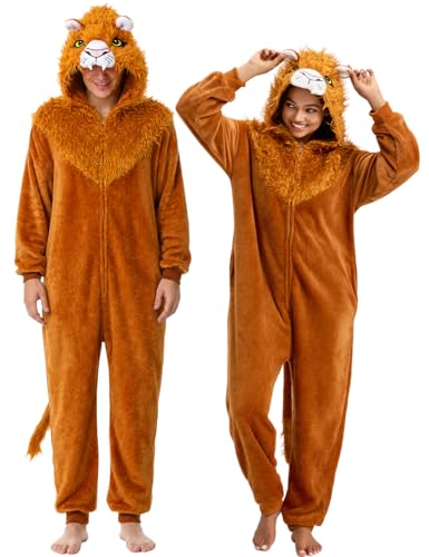 YuDanae Lion Costume Adult Animal Onepiece Unisex Lion Pajamas Halloween Party Onesie Cosplay Jumpsuit for Men Women (BrownYellow, Large)