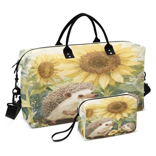 Weekender Bags Travel Duffel Gym Bag Hedgehog Family Gardening under Giant Sunflowers Watercolor Wash Background Mo Willems Line Art S Carry on Overnight Tote Bag with Toiletry Bag for Airplane Tra