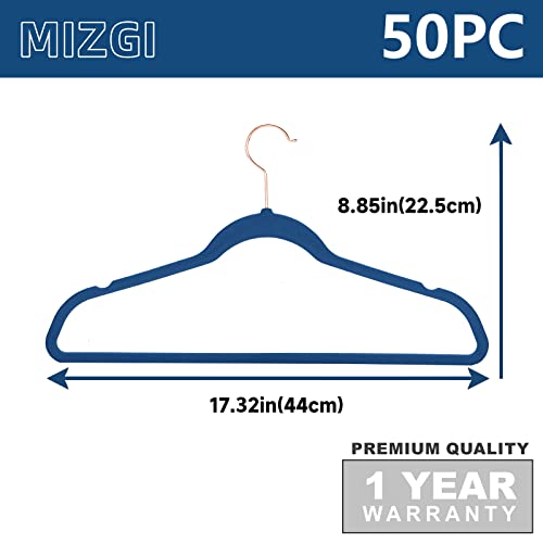Image of MIZGI Premium Velvet Hangers (Pack of 50) Heavy Duty Non-Slip Space Saving Clothes Hangers Dark Blue - Rose Gold Hooks