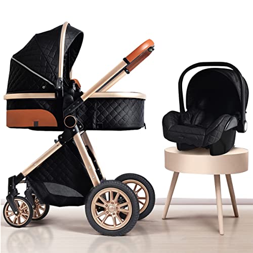 Luxury Baby Carriage Stroller Coches para Bebes Stroller Car Seat Combo,High Landscape Baby Stroller Two-Way Pram Trolley,Lightweight Easy Fold Stroller for Travel (Color : Black)