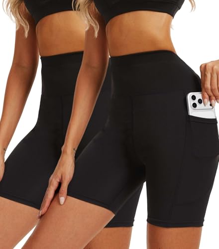 Shorts de sport femme avec poches CheChury noir pour le yoga et fitness en été
