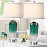 Aurabasic Green Glass Table Lamp Set of 2, Modern Touch Control Bedside Lamps with 2 Fast Charging USB Ports, 3-Way Dimmable 26' Nightstand Lamps for Bedroom, Living Room End Table, Two Bulbs Included