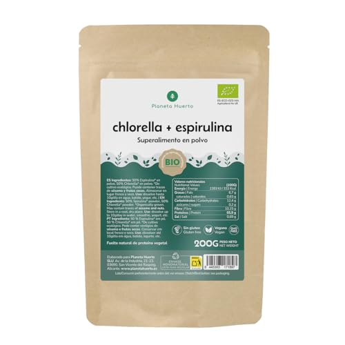 PLANETA HUERTO | Chlorella + Spirulina en Polvo 200 g – Superalimento natural rico en proteínas, clorofila, vitaminas y minerales, Detox, energía y apoyo al sistema inmunológico