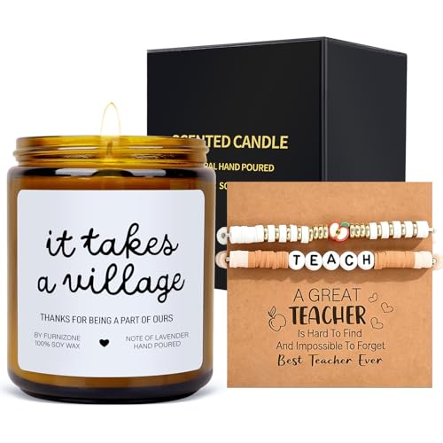 Teacher Appreciation Gifts Thank You Gifts for Women It Takes A Village Candle Gift for Woman Friend Coworkers Lavender Soy Candle 2 PCS Themed Bracelet Thank You Card Gift Set for Teachers Day