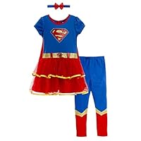WARNER BROS Justice League Supergirl Big Girls Costume Dress Leggings Cape and Headband 4 Piece Set 10-12