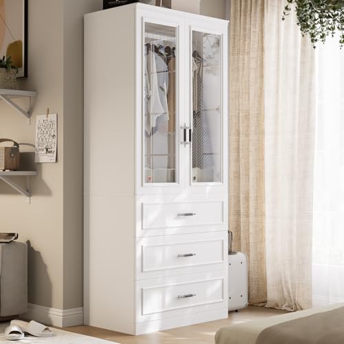 Image of MEISSALIVVE Armoire Wardrobe Closet with 2 Door & 3 Drawers, 74.8" Large Wardrobe Cabinet with Hanging Rod, Freestanding Modern Bedroom Armoire Storage Cabinet, White