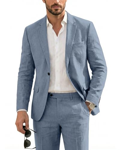 YND Men's 2 Piece Casual Linen Suit Set, Regular Fit Lightweight Blazer Jacket and Pants for Wedding, Business, Party Denim Blue Large