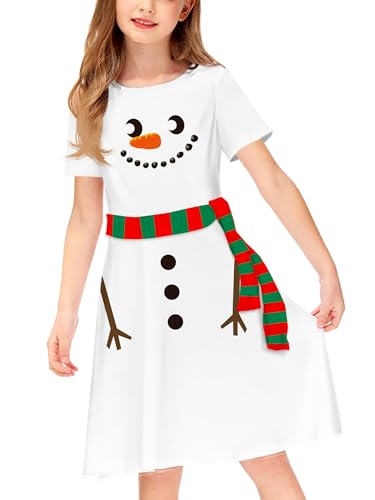 Girls Snowman Dress Kids Christmas Short Sleeve Tunic Dress Xmas Printed White Dress with Scarf 5-6 Years