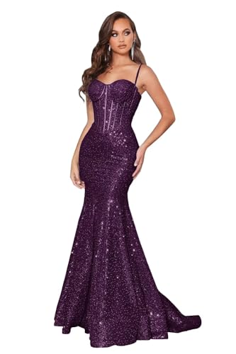 Zepumen Sparkly Sequin Prom Dresses for Women Mermaid Long Spaghetti Straps Formal Evening Party Gowns
