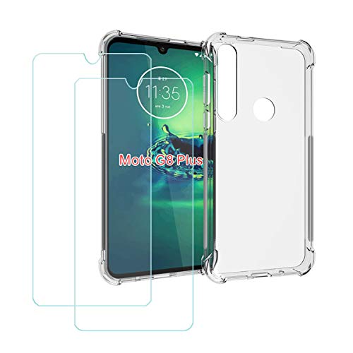 DQG Funda para Motorola Moto G8 Plus + 2 Piezas Vidrio Protector de Pantalla Cristal Templado Film, Transparente Suave TPU Silicona Cover Carcasa Caso Case para Motorola Moto G8 Plus (6.3')