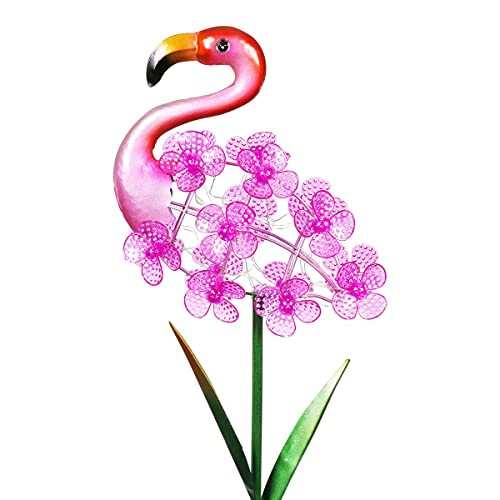 Exhart Solar Pink Flamingo W/Spinning Flowers Garden Stake | Acrylic & Metal Flamingo Yard Decorations | Solar Powered Flamingo Lawn Decor - Uv Treated Metal Stake For Patio & Garden Décor, 9"X4"X33” #TOP1