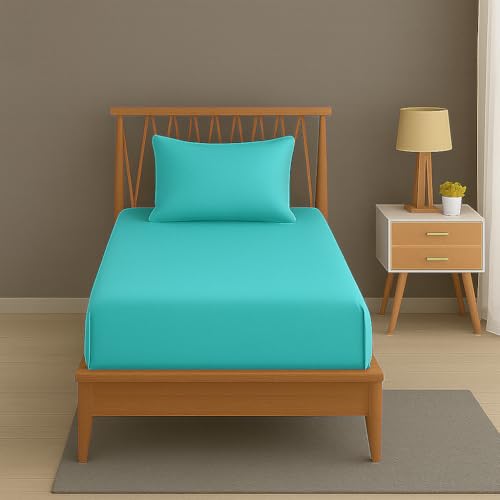 Image of DECOR2ADMIRE Cotton Bedsheet 300 Thread Count - Soft Solid Bed Sheet Set for Home, Bedroom & Hotel Use | with 1 Pillow Cover (Aqua Blue, Single 60 inch x 90 inch)