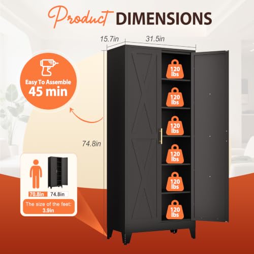 Image of PAOFIN 75 inch H Tall Kitchen Storage Cabinet with Doors | Freestanding Pantry Cabinet,Farmhouse Food Storage Cabinets,Tall Cabinets for Kitchen, Dining Room, Living Room(Black)