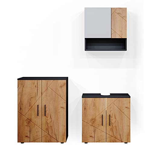 Vicco Badmöbel-Set Irma, Goldkraft Eiche/Anthrazit, 80 cm, besteht aus Waschbeckenunterschrank, Spiegelschrank und Midischrank