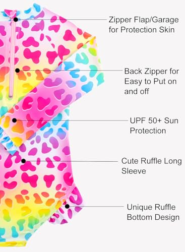 Image of Baby Toddler Girl Long Sleeve Ruffle Swimsuit One Piece Zipper Rash Guard Bathing Suit with UPF 50+ Sun Protection