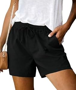 Terecey Kurze Hose Damen Sommer Leinen Sporthose Freizeithose Casual Bermuda Shorts mit Kordelzug und Taschen Beach Yoga Jogger Hosen, Schwarz L
