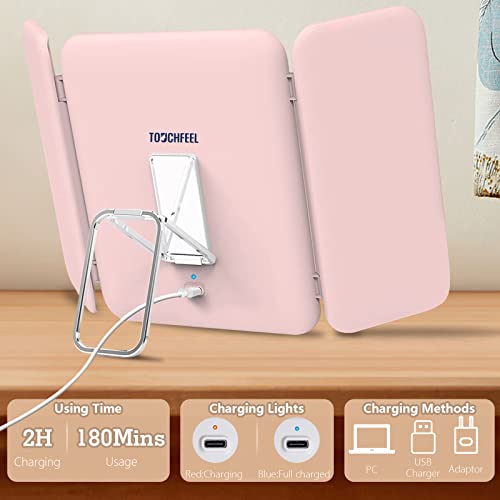 Touchfeel Makeup Mirror With Lights And Magnification, Rechargeable 1X/3X/7X Travel Lighted Vanity Mirror With Stand, Portable Travel Size Mirror With 3 Color Lights And Touch Sensor Design(Pink) #TOP5