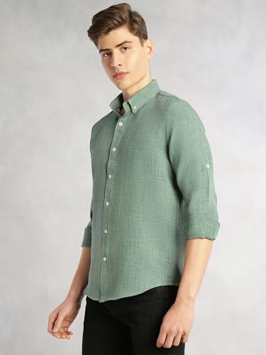 Image of Thomas Scott Men's | Solid | Textured Fabric | Full Sleeve | Slim Fit | Polyester-Blend | Spread Collar | Casual Shirt