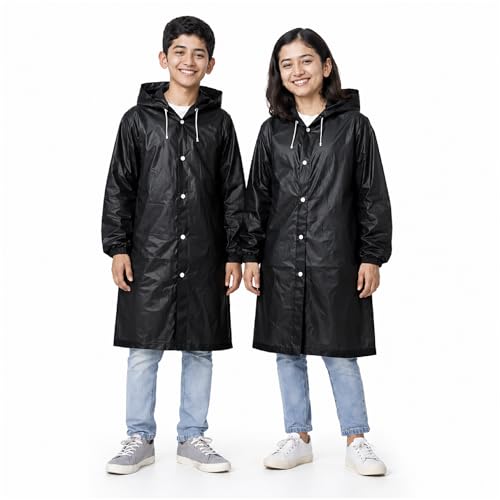 Image of Robustt Kids Eva Raincoat for Boys & Girls (8-16 Years) with Full Sleeves with Elastic Cuff | Unisex Hooded Kids Rain Coat with Drawstring | Reusable Raincoat with Snap Button Closure | Knee Length