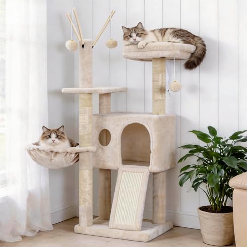 Hey-brother Cat Tree Tower Scratching Posts with Removable Toys Cozy Condo Platform Hammock Sisal Scratch Board and Ball for Indoor Kittens 100 cm Beige UMPJ008SM